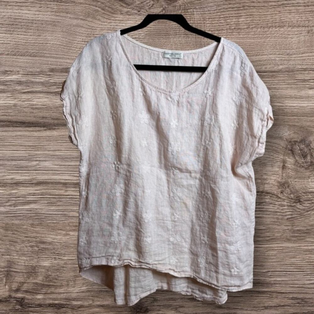 Terzo millennio pale, pink embroidered linen tunic. Large